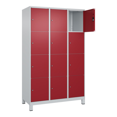 C+P Schließfachschrank Classic PLUS, Füße, 3 Abteile, 1950x1200x500mm, 7035/3003 Innenhöhe Gefach oben (oberes 453 mm Front RAL 3003 Rubinrot