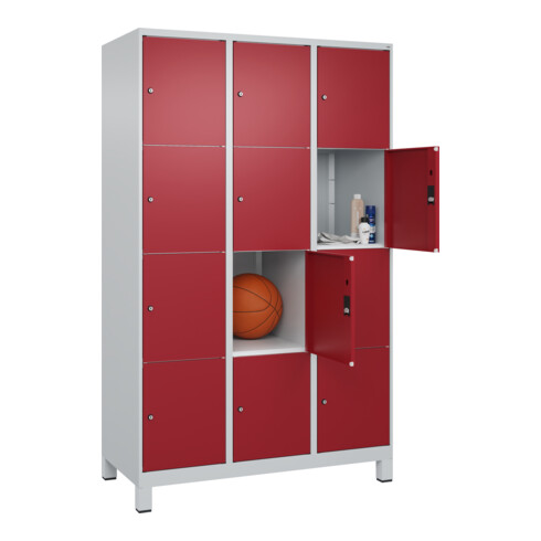 C+P Schließfachschrank Classic PLUS, Füße, 3 Abteile, 1950x1200x500mm, 7035/3003 Innenhöhe Gefach oben (oberes 453 mm Front RAL 3003 Rubinrot