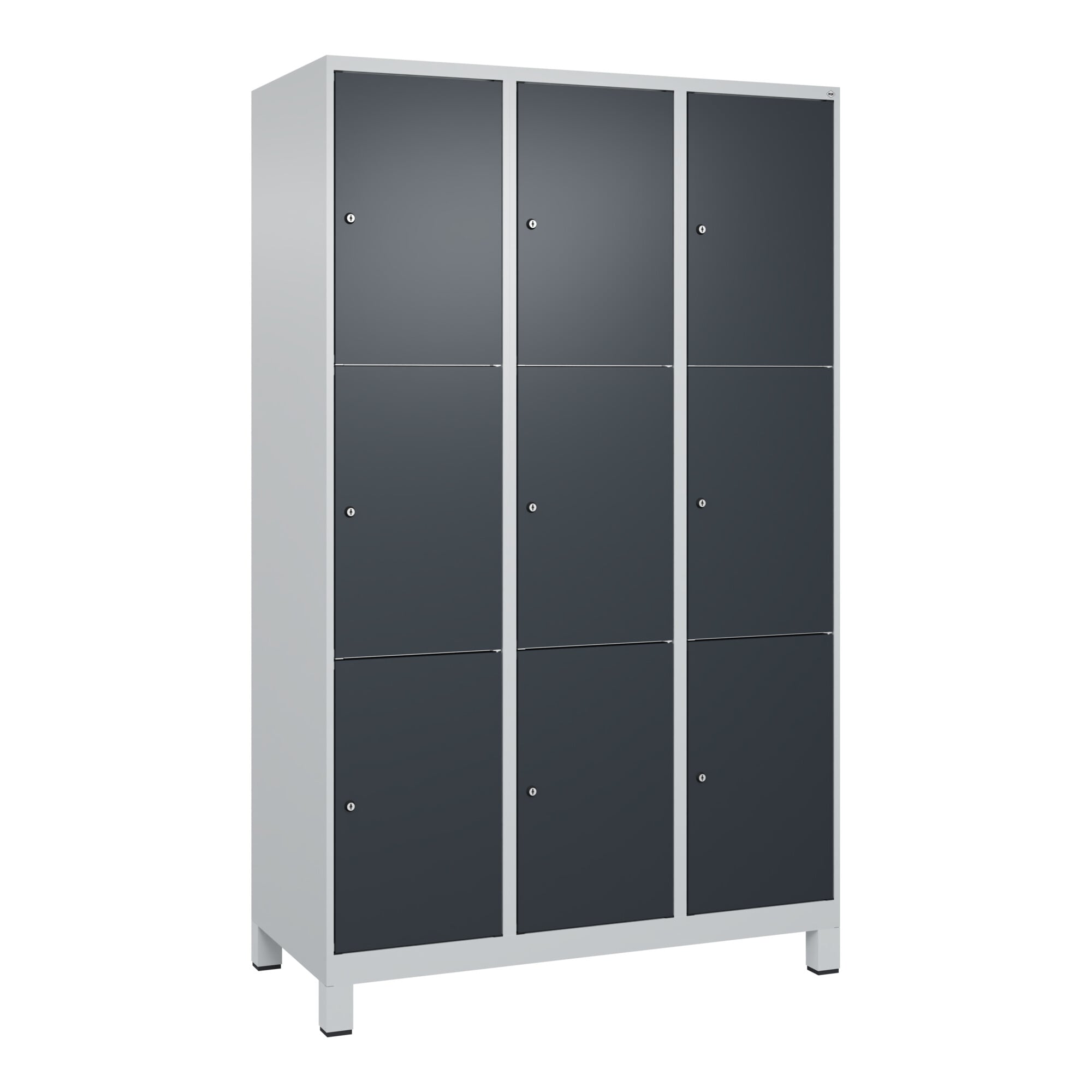 C+P Schließfachschrank Classic PLUS, Füße, 3 Abteile, 1950x1200x500mm, 7035/7016 Innenhöhe Gefach oben (oberes 599 mm Front RAL 7016 Anthrazitgrau ; C