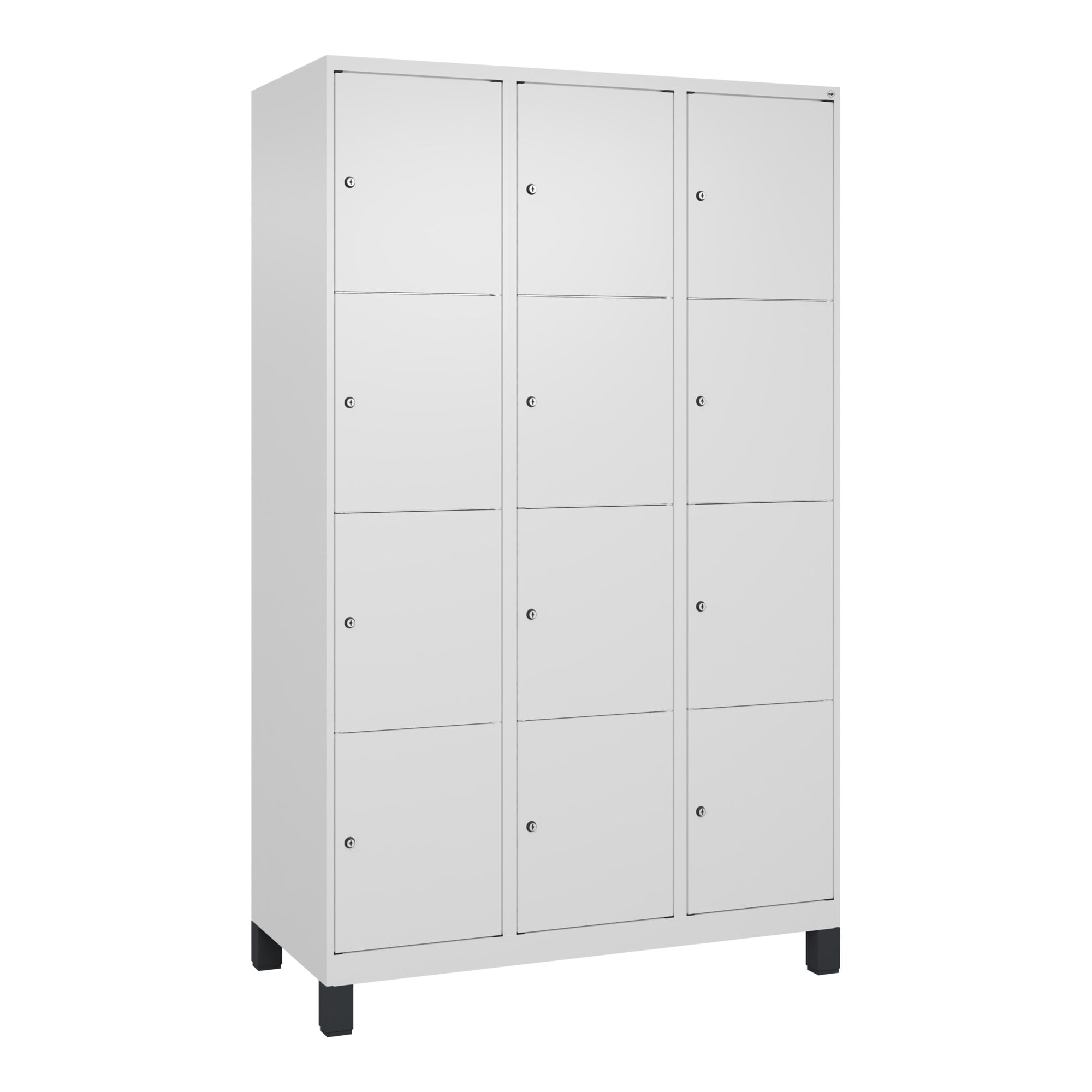 C+P Schließfachschrank Classic PLUS, Füße, 3 Abteile, 1950x1200x500mm, 9016/9016 Innenhöhe Gefach oben (oberes 453 mm Front RAL 9016 Verkehrsweiß ; C
