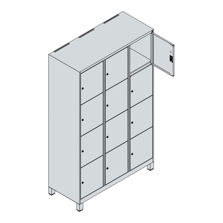 C+P Schließfachschrank Classic PLUS, Füße, 3 Abteile, 1950x1200x500mm, 9016/9016 Innenhöhe Gefach oben (oberes 453 mm Front RAL 9016 Verkehrsweiß