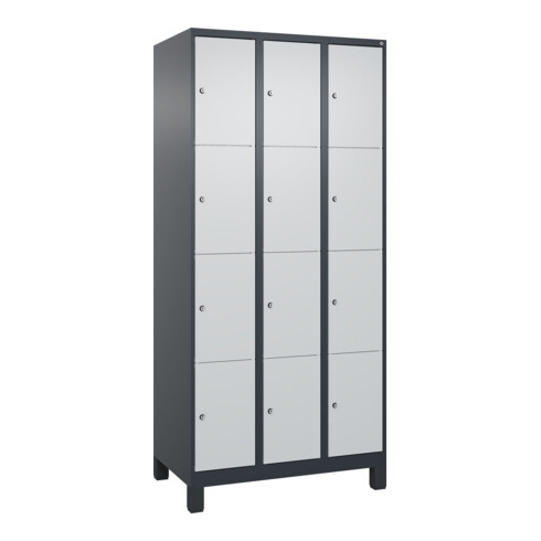 C+P Schließfachschrank Classic PLUS, Füße, 3 Abteile, 1950x900x500mm, 7016/7035 Innenhöhe Gefach oben (oberes 453 mm Front RAL 7035 Lichtgrau