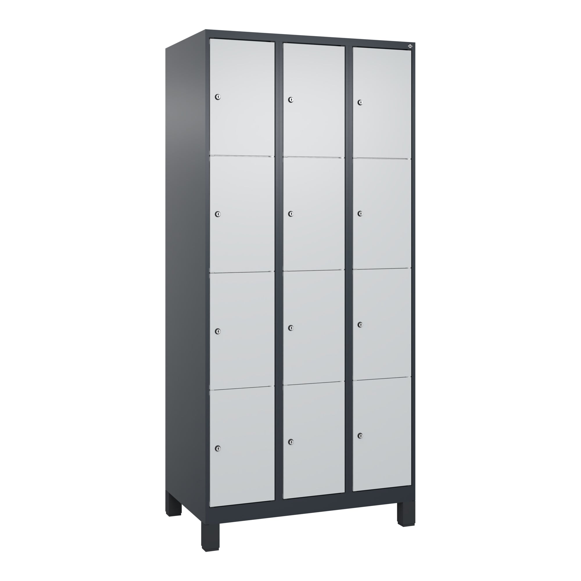 C+P Schließfachschrank Classic PLUS, Füße, 3 Abteile, 1950x900x500mm, 7016/7035 Innenhöhe Gefach oben (oberes 453 mm Front RAL 7035 Lichtgrau ; C + P