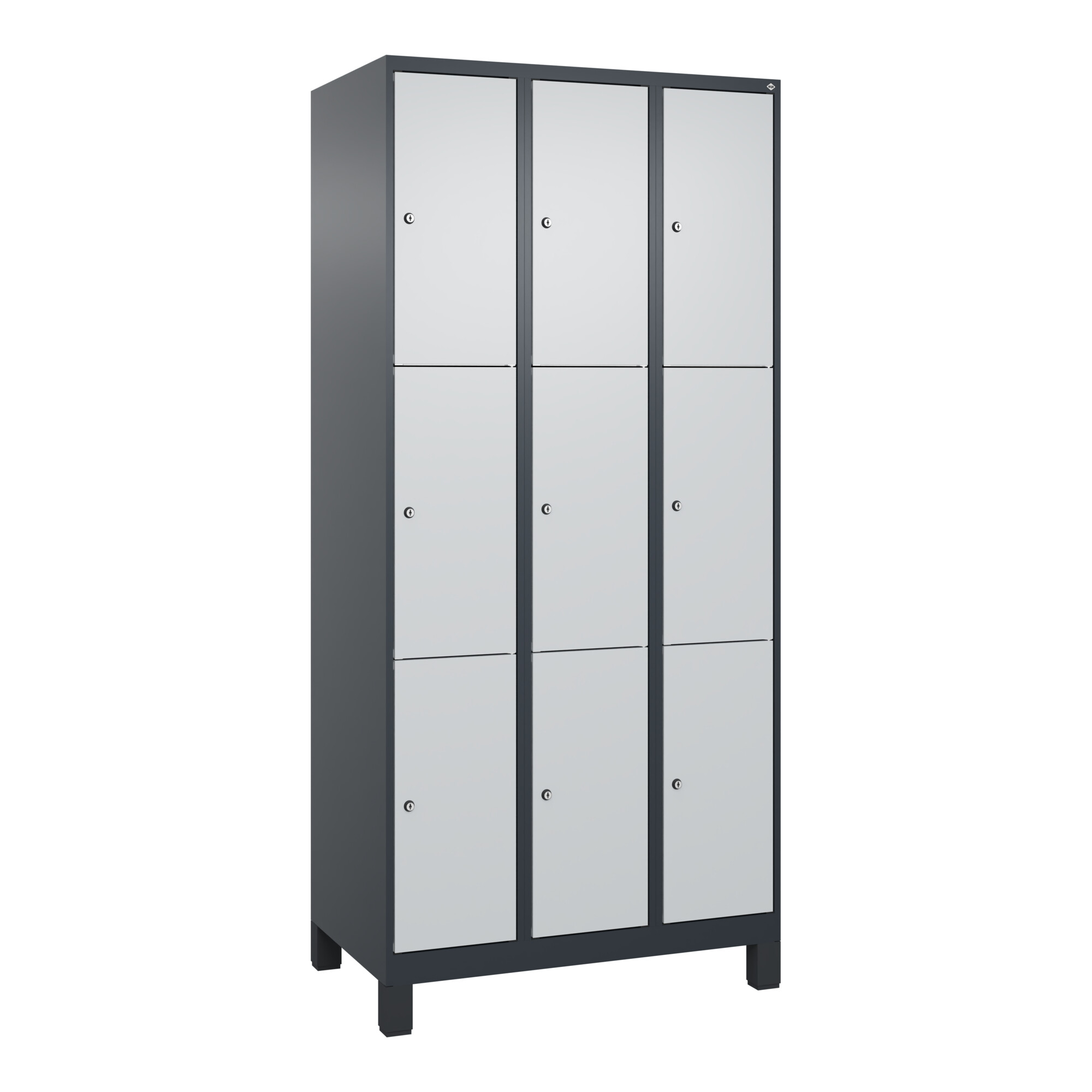 C+P Schließfachschrank Classic PLUS, Füße, 3 Abteile, 1950x900x500mm, 7016/7035 Innenhöhe Gefach oben (oberes 599 mm Front RAL 7035 Lichtgrau ; C + P
