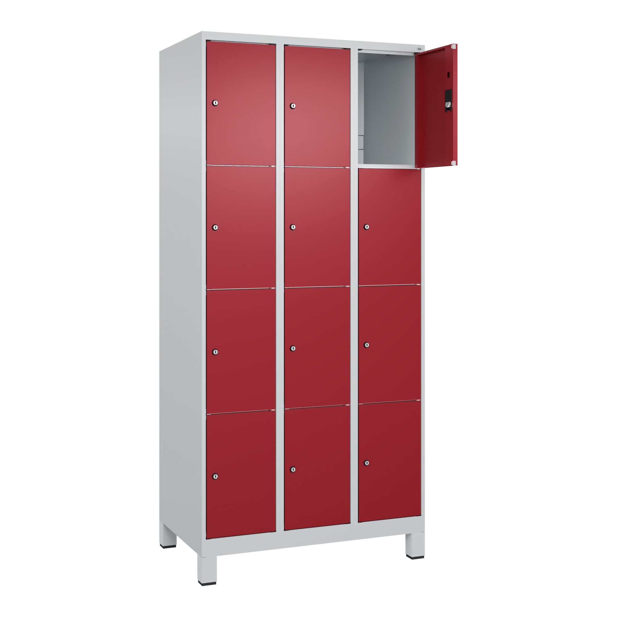 C+P Schließfachschrank Classic PLUS, Füße, 3 Abteile, 1950x900x500mm, 7035/3003 Innenhöhe Gefach oben (oberes 453 mm Front RAL 3003 Rubinrot ; C + P M