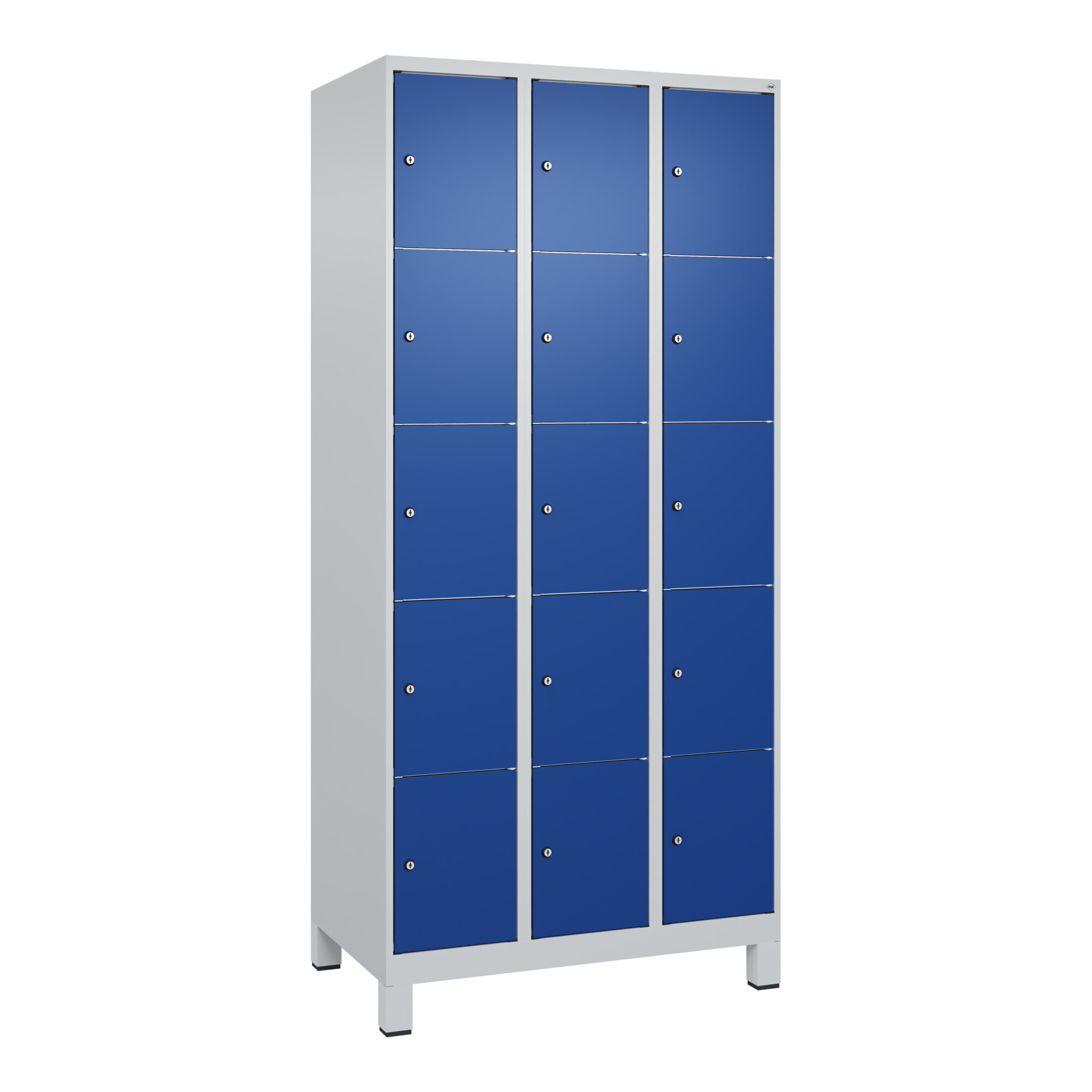 C+P Schließfachschrank Classic PLUS, Füße, 3 Abteile, 1950x900x500mm, 7035/5010 Innenhöhe Gefach oben (oberes 365 mm Front RAL 5010 Enzianblau ; C + P