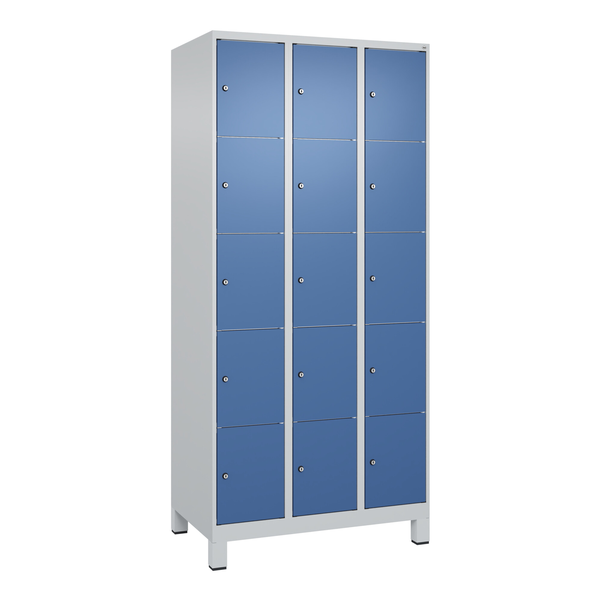 C+P Schließfachschrank Classic PLUS, Füße, 3 Abteile, 1950x900x500mm, 7035/5023 Innenhöhe Gefach oben (oberes 365 mm Front RAL 5023 Fernblau ; C + P M