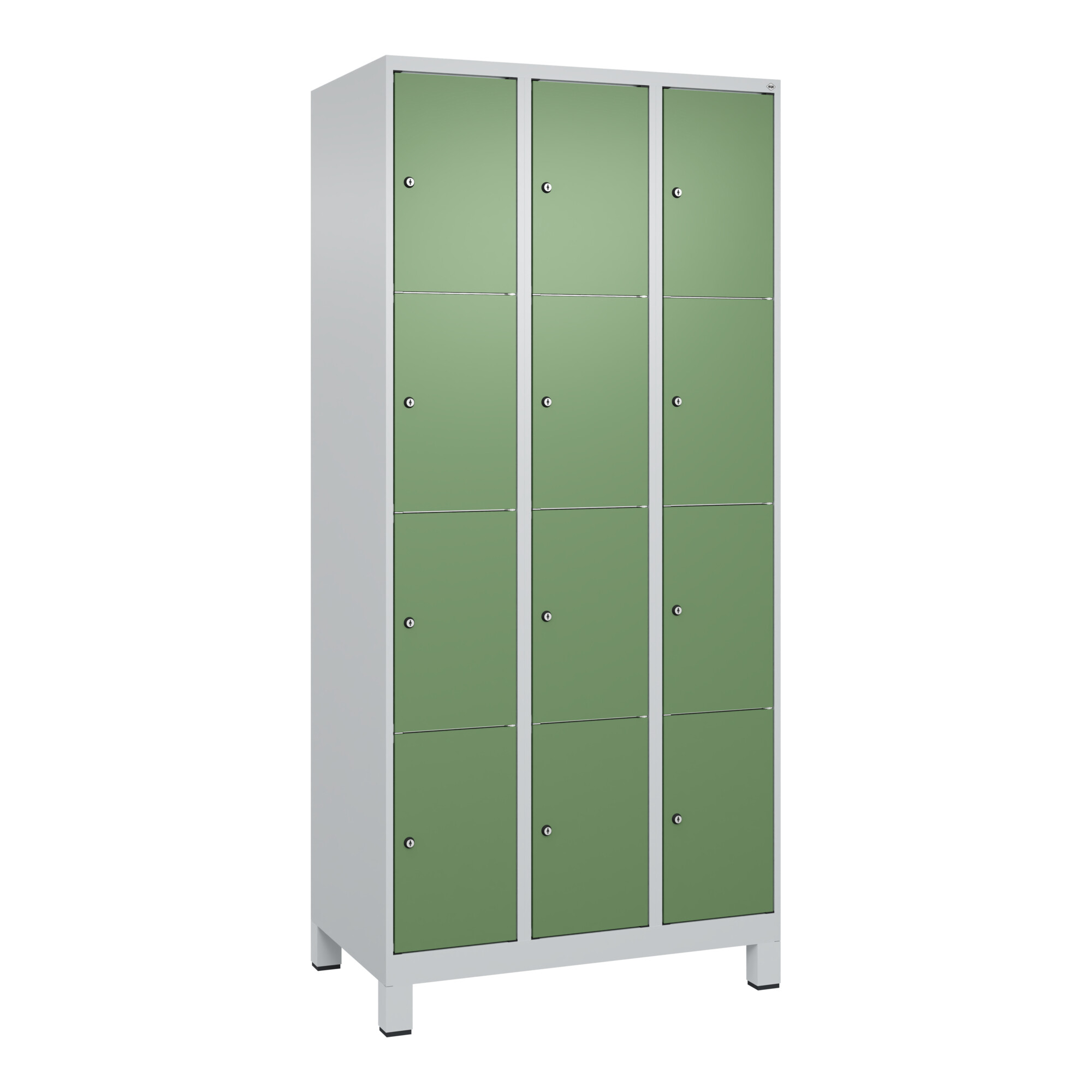 C+P Schließfachschrank Classic PLUS, Füße, 3 Abteile, 1950x900x500mm, 7035/6011 Innenhöhe Gefach oben (oberes 453 mm Front RAL 6011 Resedagrün ; C + P