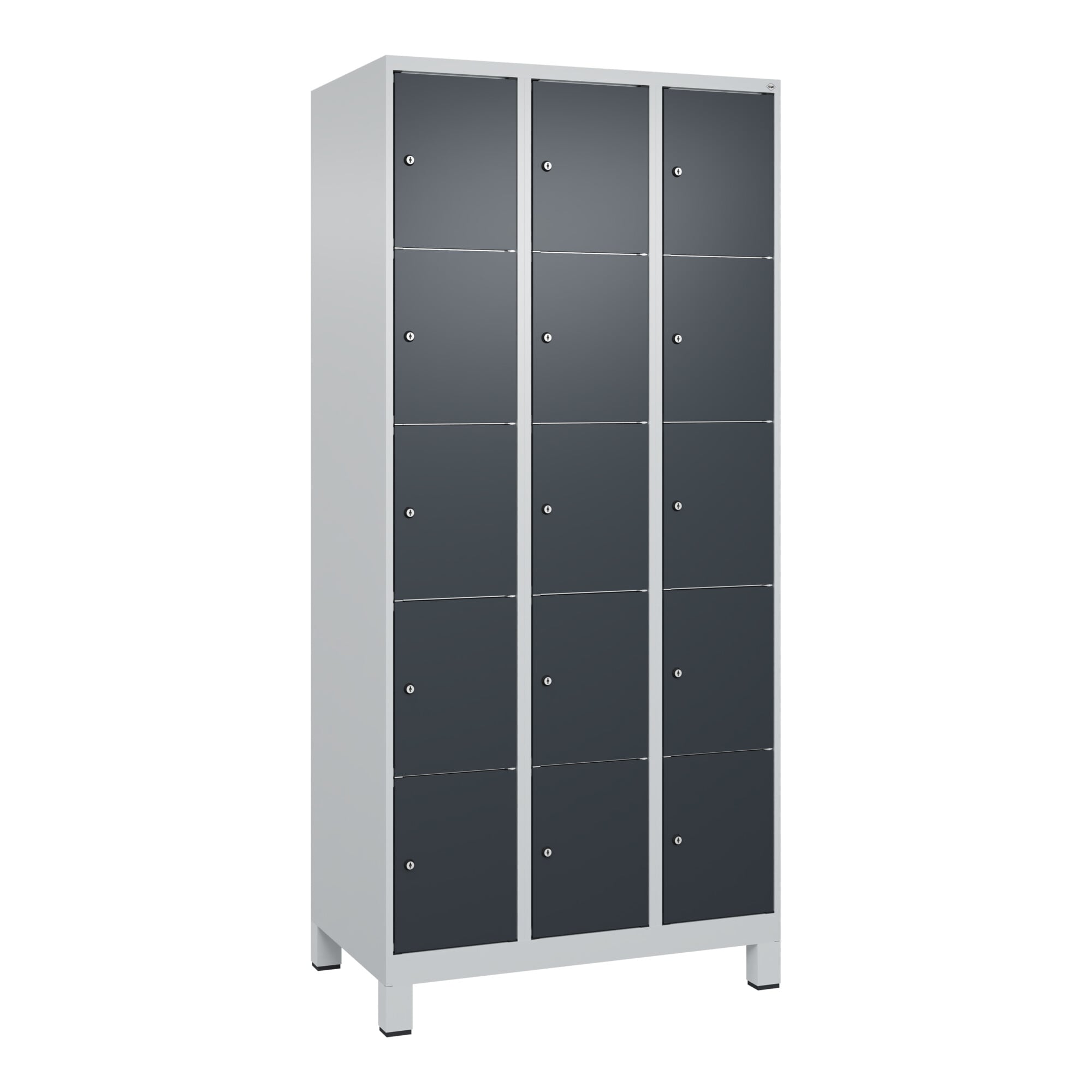C+P Schließfachschrank Classic PLUS, Füße, 3 Abteile, 1950x900x500mm, 7035/7016 Innenhöhe Gefach oben (oberes 365 mm Front RAL 7016 Anthrazitgrau ; C