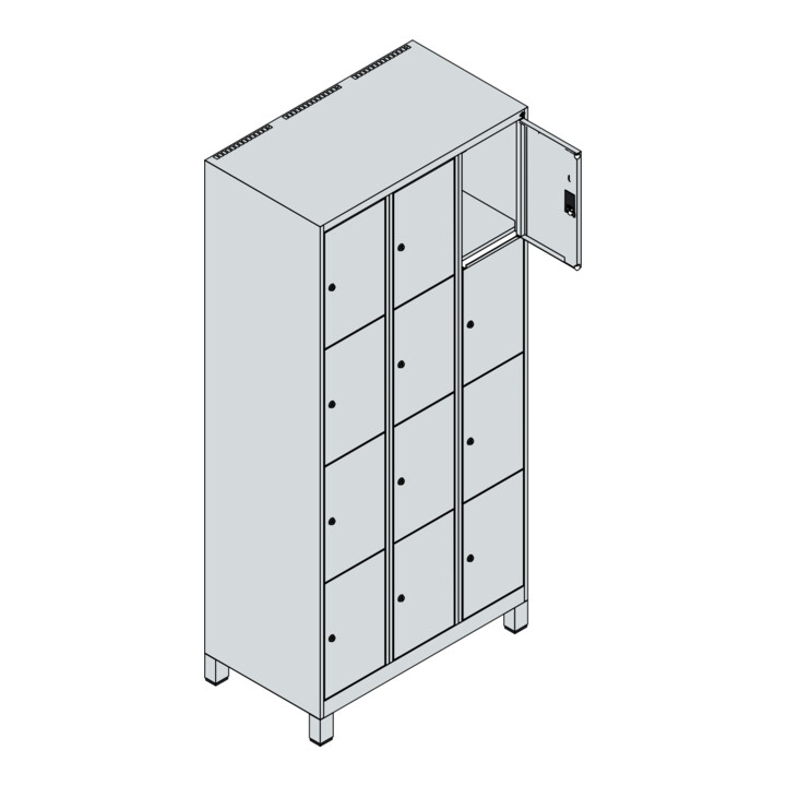 C+P Schließfachschrank Classic PLUS, Füße, 3 Abteile, 1950x900x500mm, 7035/7016 Innenhöhe Gefach oben (oberes 453 mm Front RAL 7016 Anthrazitgrau