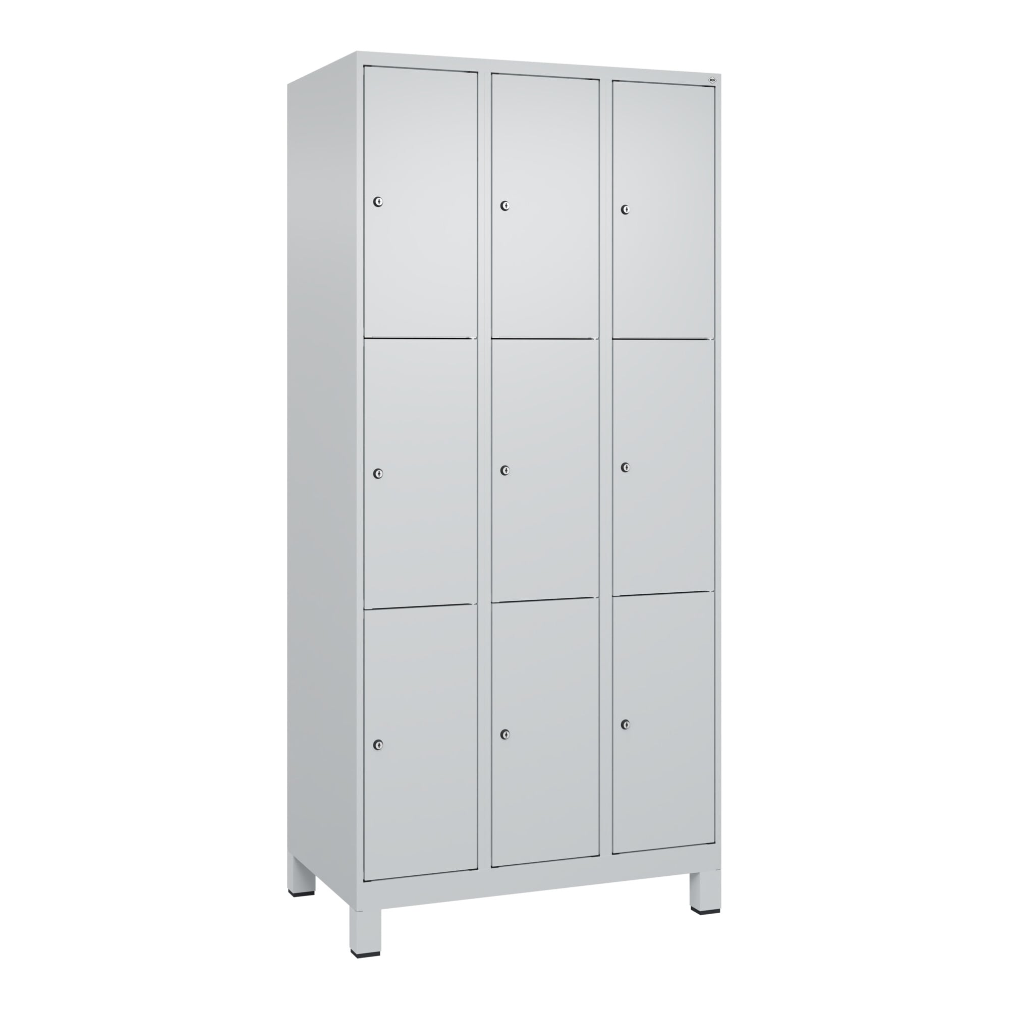 C+P Schließfachschrank Classic PLUS, Füße, 3 Abteile, 1950x900x500mm, 7035/7035 Innenhöhe Gefach oben (oberes 599 mm Front RAL 7035 Lichtgrau ; C + P