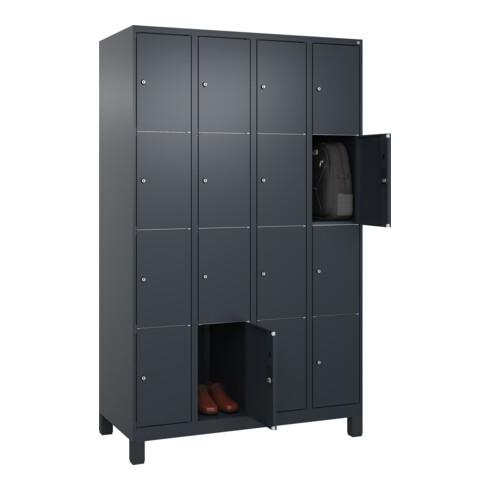 C+P Schließfachschrank Classic PLUS, Füße, 4 Abteile, 1950x1200x500mm, 7016/7016 Innenhöhe Gefach oben (oberes 453 mm Front RAL 7016 Anthrazitgrau