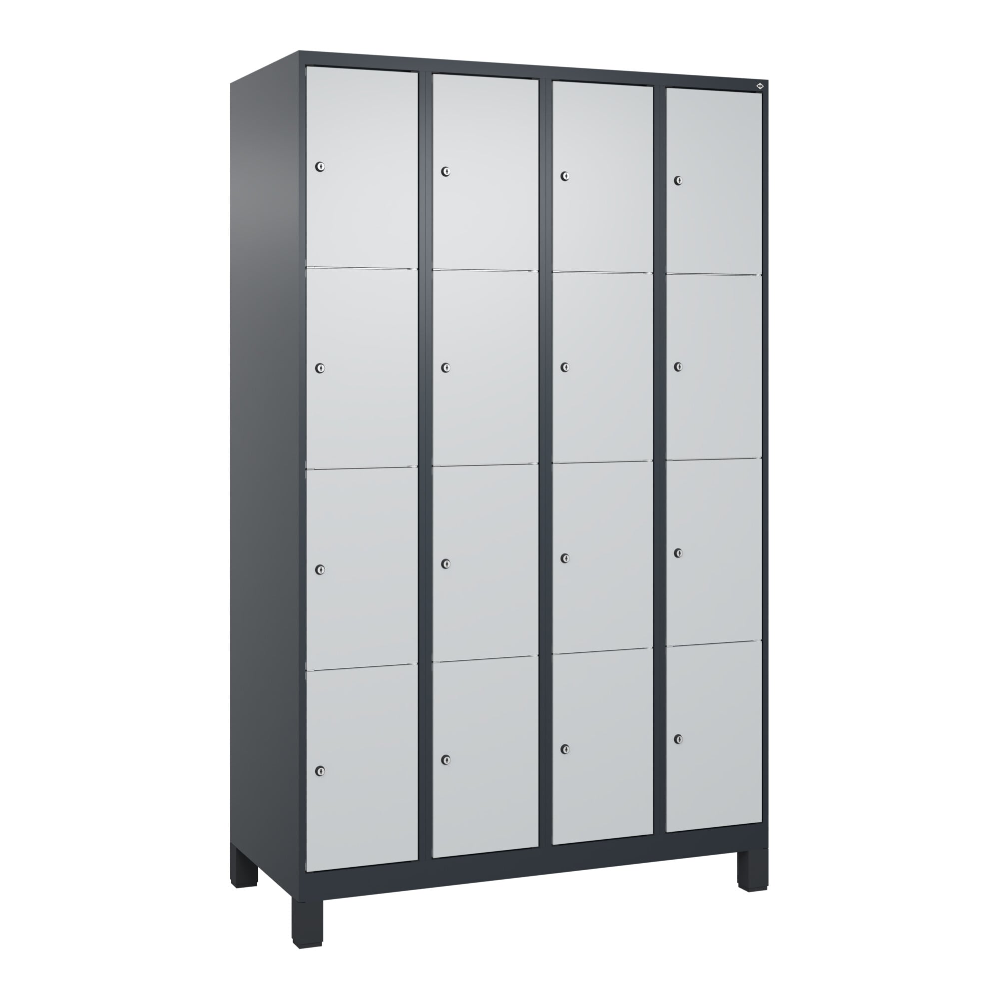 C+P Schließfachschrank Classic PLUS, Füße, 4 Abteile, 1950x1200x500mm, 7016/7035 Innenhöhe Gefach oben (oberes 453 mm Front RAL 7035 Lichtgrau ; C + P