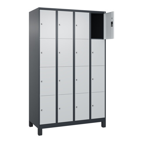 C+P Schließfachschrank Classic PLUS, Füße, 4 Abteile, 1950x1200x500mm, 7016/7035 Innenhöhe Gefach oben (oberes 453 mm Front RAL 7035 Lichtgrau