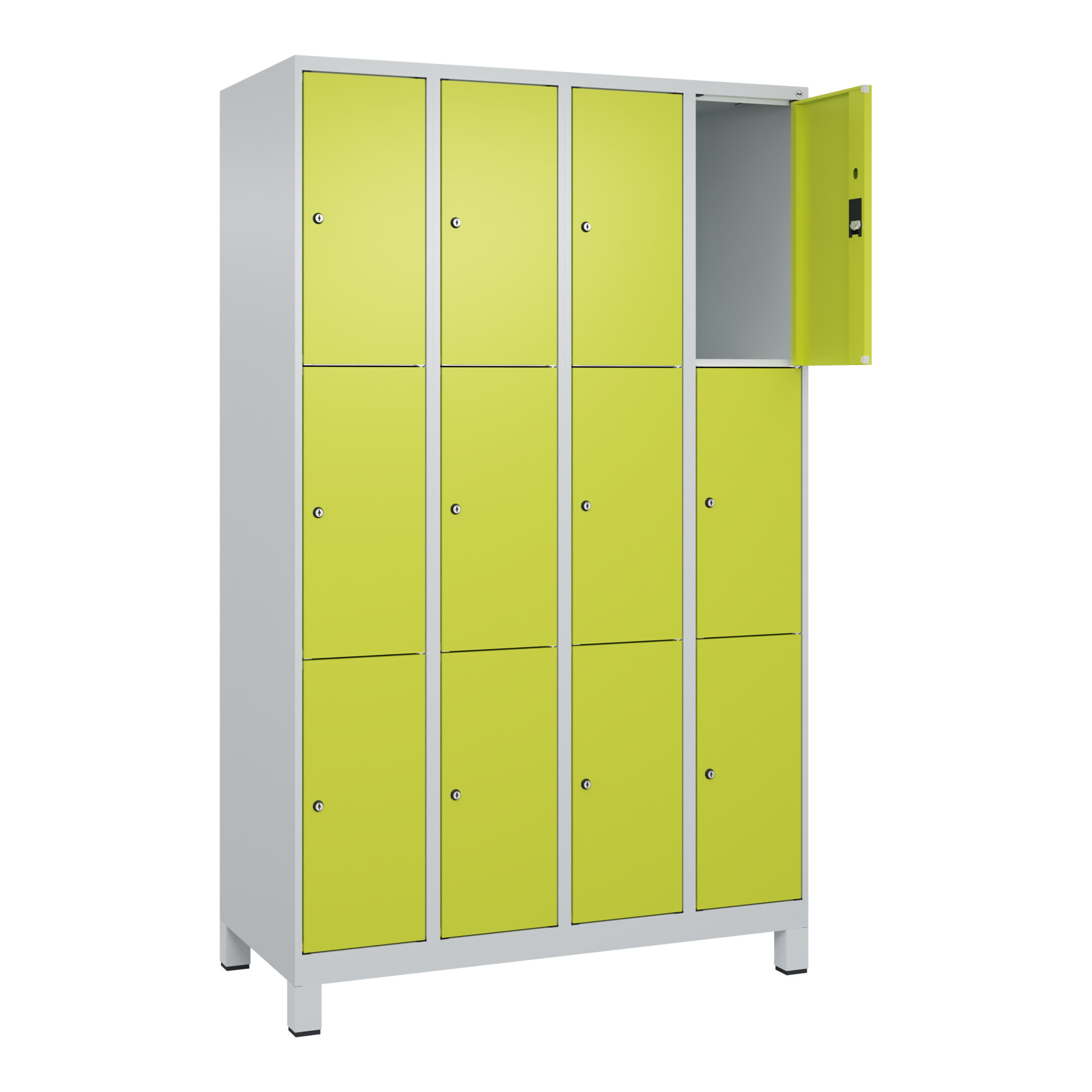 C+P Schließfachschrank Classic PLUS, Füße, 4 Abteile, 1950x1200x500mm, 7035/0024 Innenhöhe Gefach oben (oberes 599 mm Front 1108060 RDS Viridingrün ;