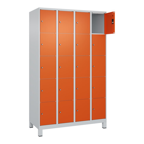 C+P Schließfachschrank Classic PLUS, Füße, 4 Abteile, 1950x1200x500mm, 7035/2004 Innenhöhe Gefach oben (oberes 365 mm Front RAL 2004 Reinorange