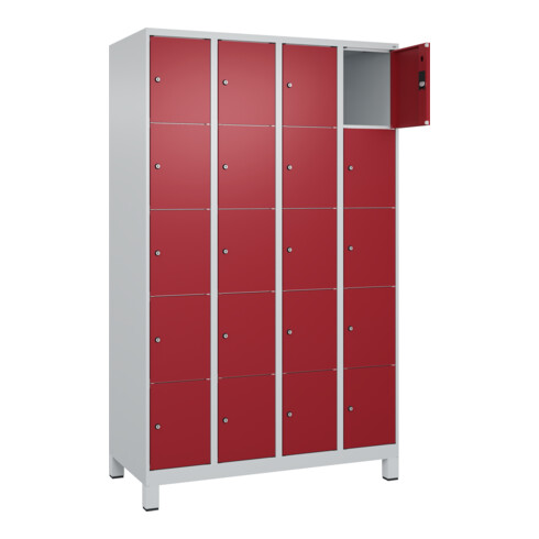 C+P Schließfachschrank Classic PLUS, Füße, 4 Abteile, 1950x1200x500mm, 7035/3003 Innenhöhe Gefach oben (oberes 365 mm Front RAL 3003 Rubinrot