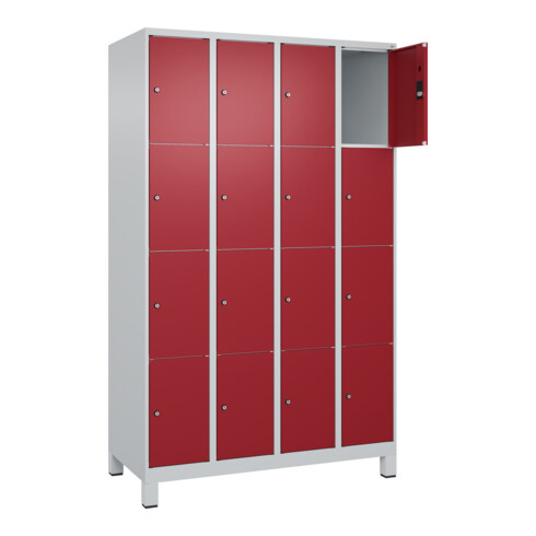 C+P Schließfachschrank Classic PLUS, Füße, 4 Abteile, 1950x1200x500mm, 7035/3003 Innenhöhe Gefach oben (oberes 453 mm Front RAL 3003 Rubinrot