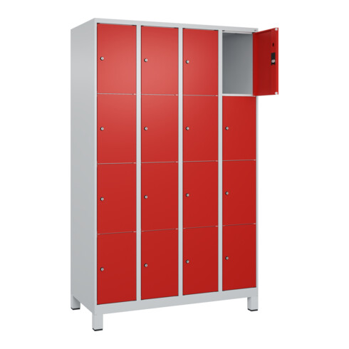 C+P Schließfachschrank Classic PLUS, Füße, 4 Abteile, 1950x1200x500mm, 7035/3020 Innenhöhe Gefach oben (oberes 453 mm Front RAL 3020 Verkehrsrot