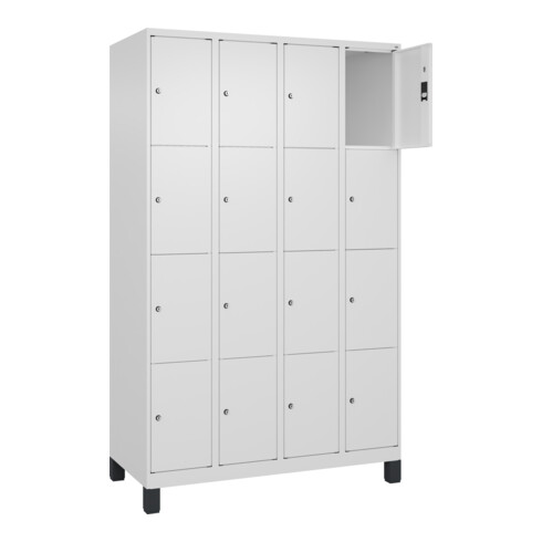 C+P Schließfachschrank Classic PLUS, Füße, 4 Abteile, 1950x1200x500mm, 9016/9016 Innenhöhe Gefach oben (oberes 453 mm Front RAL 9016 Verkehrsweiß