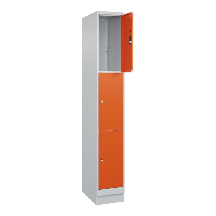 C+P Schließfachschrank Classic PLUS, Sockel, 1 Abteil, 1950x300x500mm, 7035/2004 Innenhöhe Gefach oben (oberes 599 mm Front RAL 2004 Reinorange