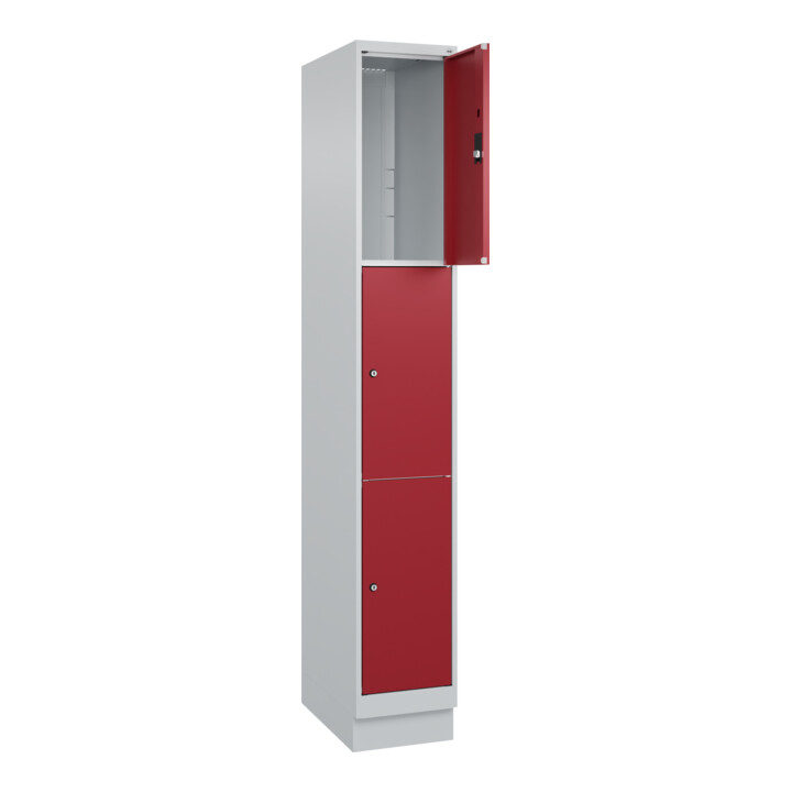 C+P Schließfachschrank Classic PLUS, Sockel, 1 Abteil, 1950x300x500mm, 7035/3003 Innenhöhe Gefach oben (oberes 599 mm Front RAL 3003 Rubinrot