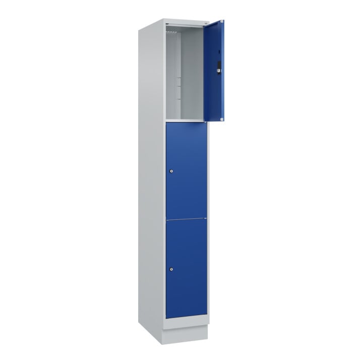 C+P Schließfachschrank Classic PLUS, Sockel, 1 Abteil, 1950x300x500mm, 7035/5010 Innenhöhe Gefach oben (oberes 599 mm Front RAL 5010 Enzianblau