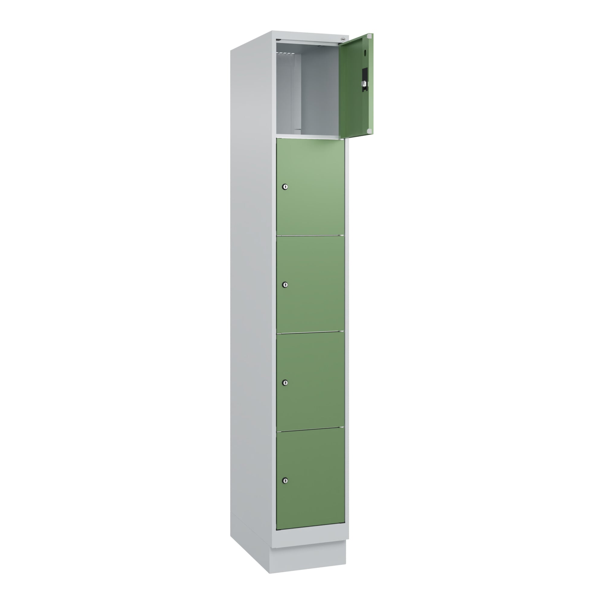 C+P Schließfachschrank Classic PLUS, Sockel, 1 Abteil, 1950x300x500mm, 7035/6011 Innenhöhe Gefach oben (oberes 365 mm Front RAL 6011 Resedagrün ; C +