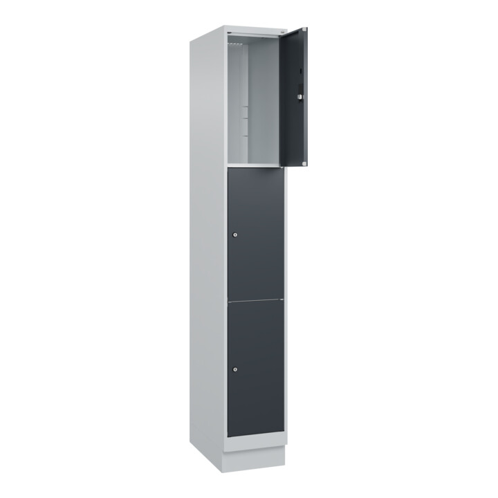 C+P Schließfachschrank Classic PLUS, Sockel, 1 Abteil, 1950x300x500mm, 7035/7016 Innenhöhe Gefach oben (oberes 599 mm Front RAL 7016 Anthrazitgrau