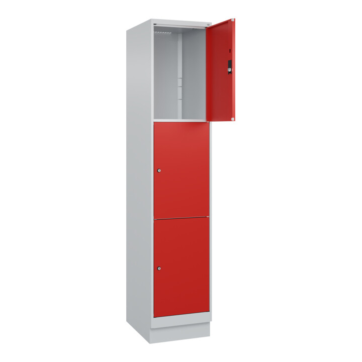 C+P Schließfachschrank Classic PLUS, Sockel, 1 Abteil, 1950x400x500mm, 7035/3020 Innenhöhe Gefach oben (oberes 599 mm Front RAL 3020 Verkehrsrot