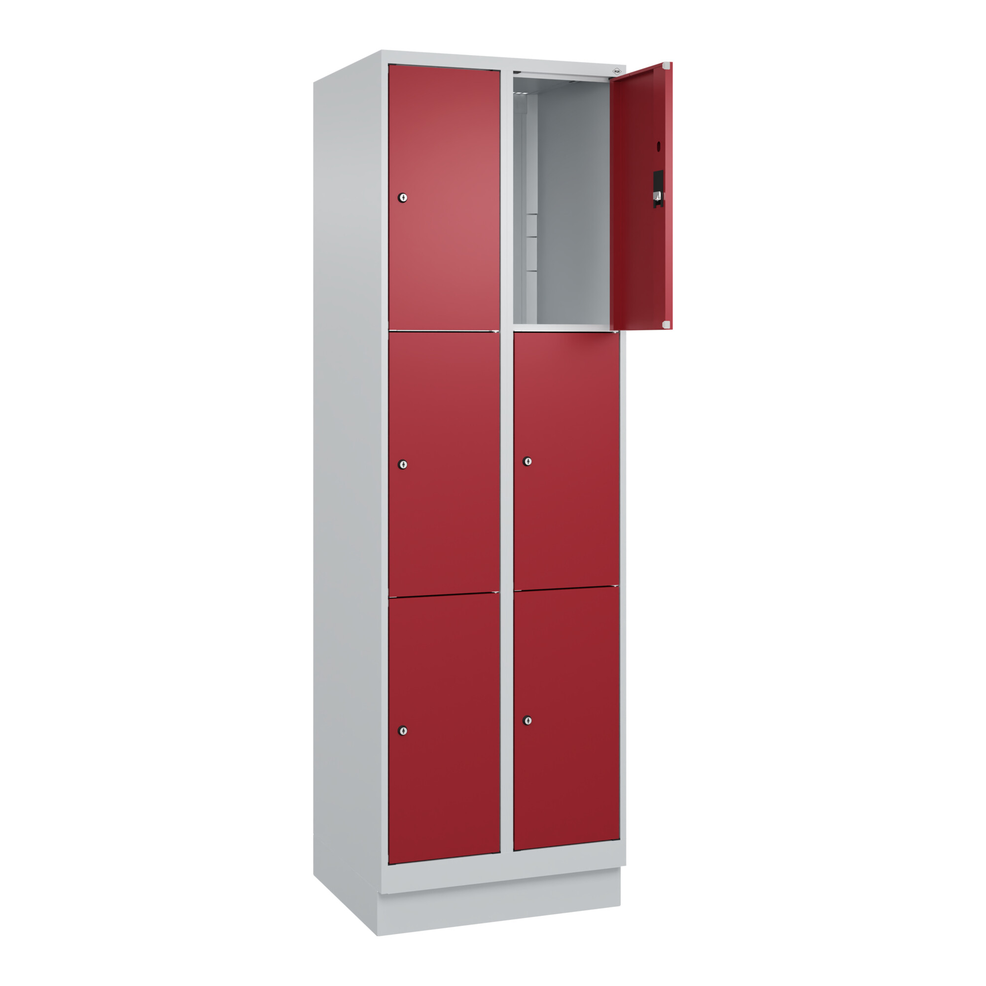 C+P Schließfachschrank Classic PLUS, Sockel, 2 Abteile, 1950x600x500mm, 7035/300 Innenhöhe Gefach oben (oberes 599 mm Front RAL 3003 Rubinrot ; C + P