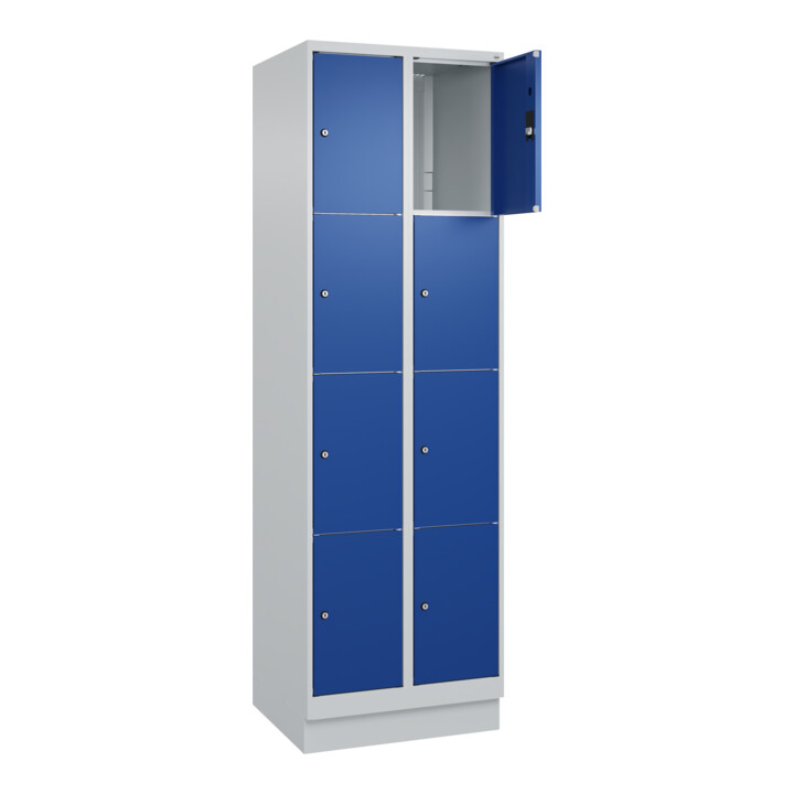 C+P Schließfachschrank Classic PLUS, Sockel, 2 Abteile, 1950x600x500mm, 7035/501 Innenhöhe Gefach oben (oberes 453 mm Front RAL 5010 Enzianblau