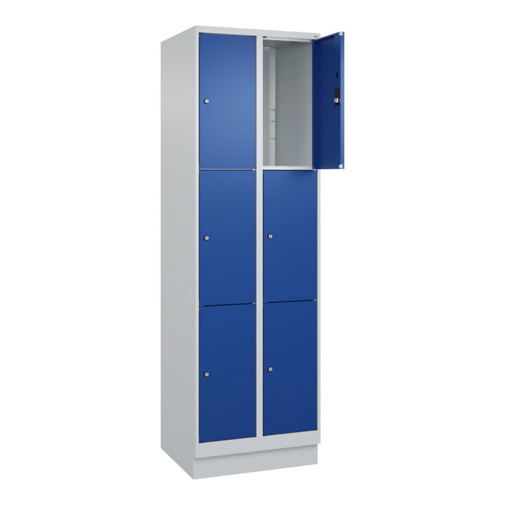 C+P Schließfachschrank Classic PLUS, Sockel, 2 Abteile, 1950x600x500mm, 7035/501 Innenhöhe Gefach oben (oberes 599 mm Front RAL 5010 Enzianblau