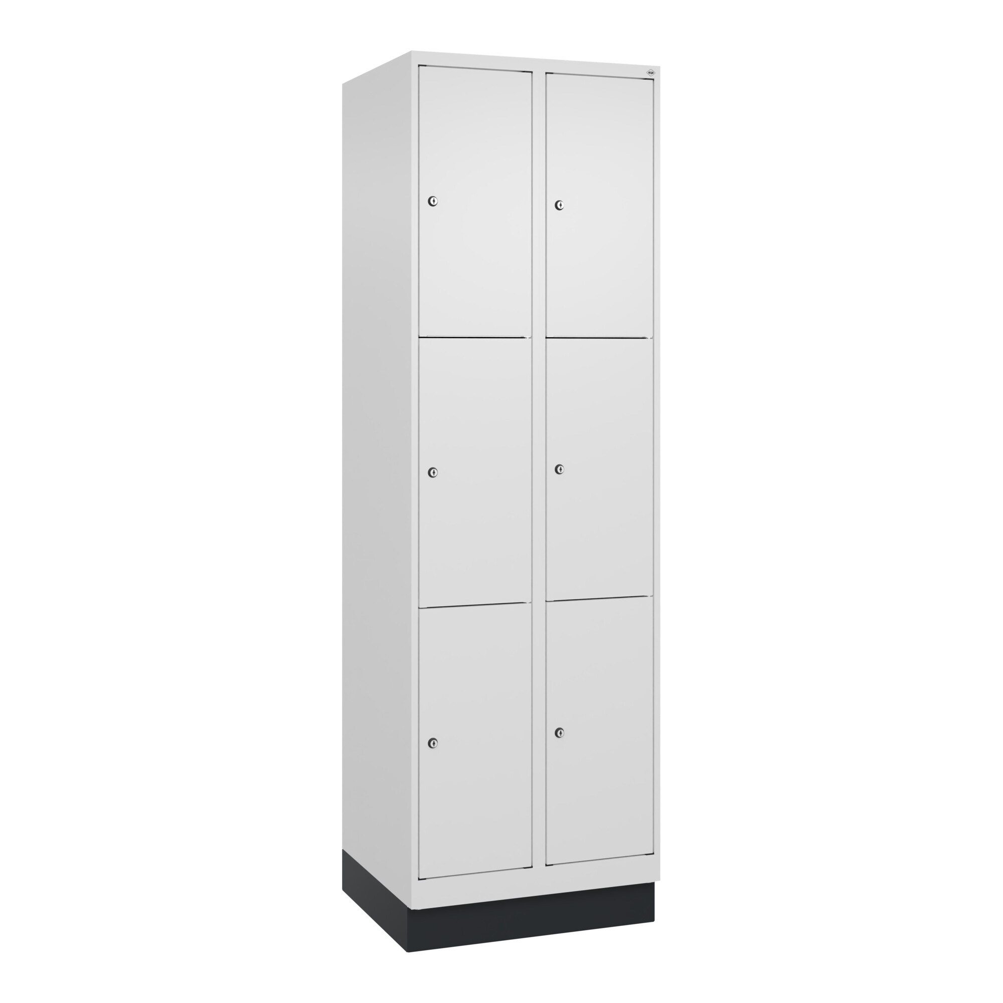 C+P Schließfachschrank Classic PLUS, Sockel, 2 Abteile, 1950x600x500mm, 9016/901 Innenhöhe Gefach oben (oberes 599 mm Front RAL 9016 Verkehrsweiß ; C
