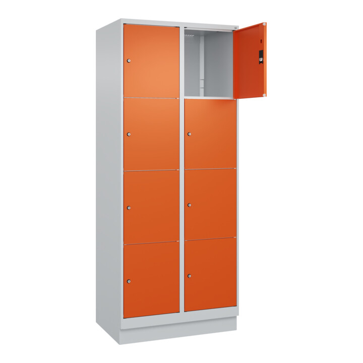 C+P Schließfachschrank Classic PLUS, Sockel, 2 Abteile, 1950x800x500mm, 7035/200 Innenhöhe Gefach oben (oberes 453 mm Front RAL 2004 Reinorange