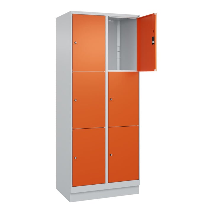 C+P Schließfachschrank Classic PLUS, Sockel, 2 Abteile, 1950x800x500mm, 7035/200 Innenhöhe Gefach oben (oberes 599 mm Front RAL 2004 Reinorange