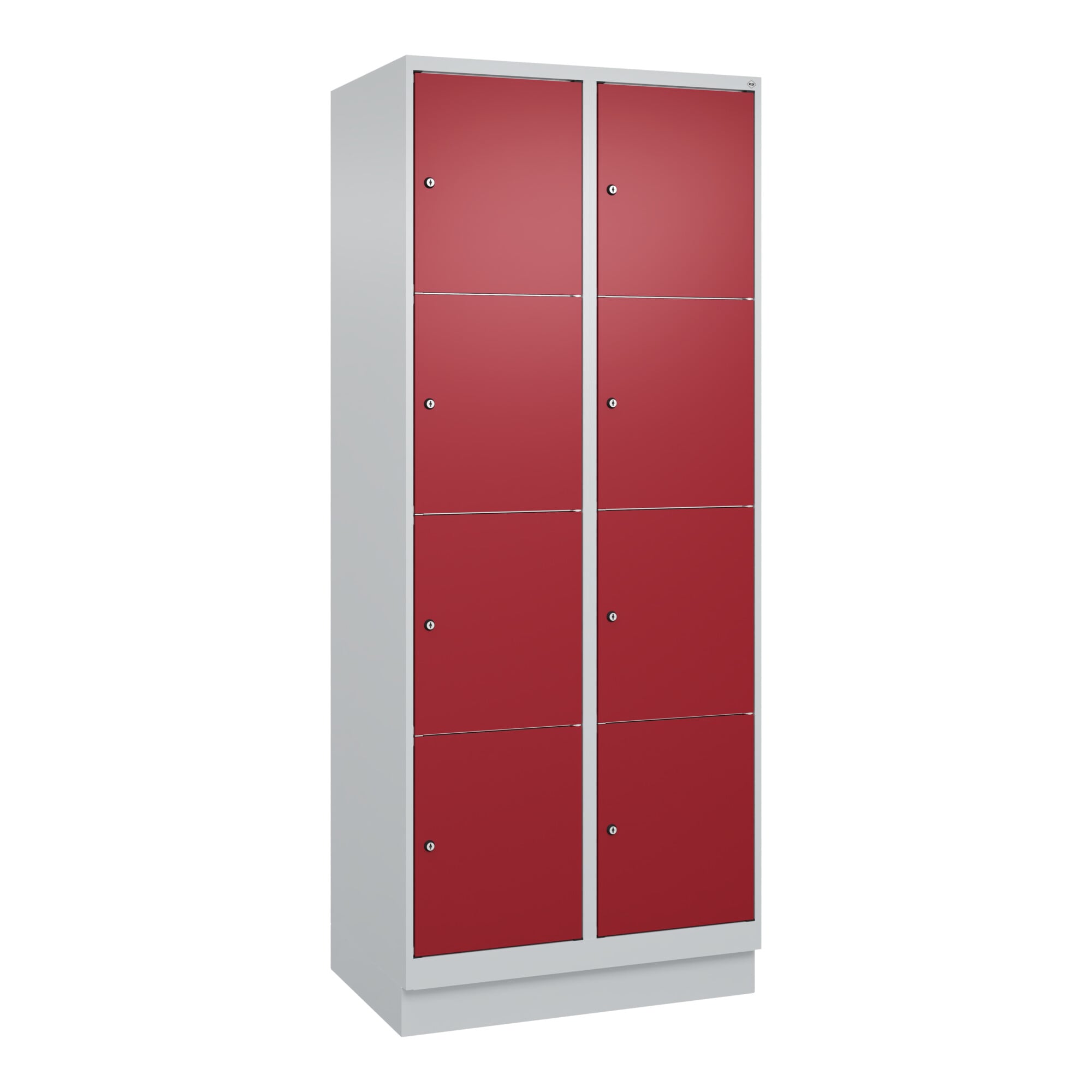 C+P Schließfachschrank Classic PLUS, Sockel, 2 Abteile, 1950x800x500mm, 7035/300 Innenhöhe Gefach oben (oberes 453 mm Front RAL 3003 Rubinrot ; C + P