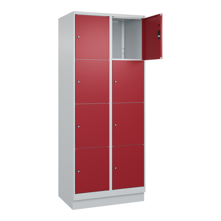 C+P Schließfachschrank Classic PLUS, Sockel, 2 Abteile, 1950x800x500mm, 7035/300 Innenhöhe Gefach oben (oberes 453 mm Front RAL 3003 Rubinrot