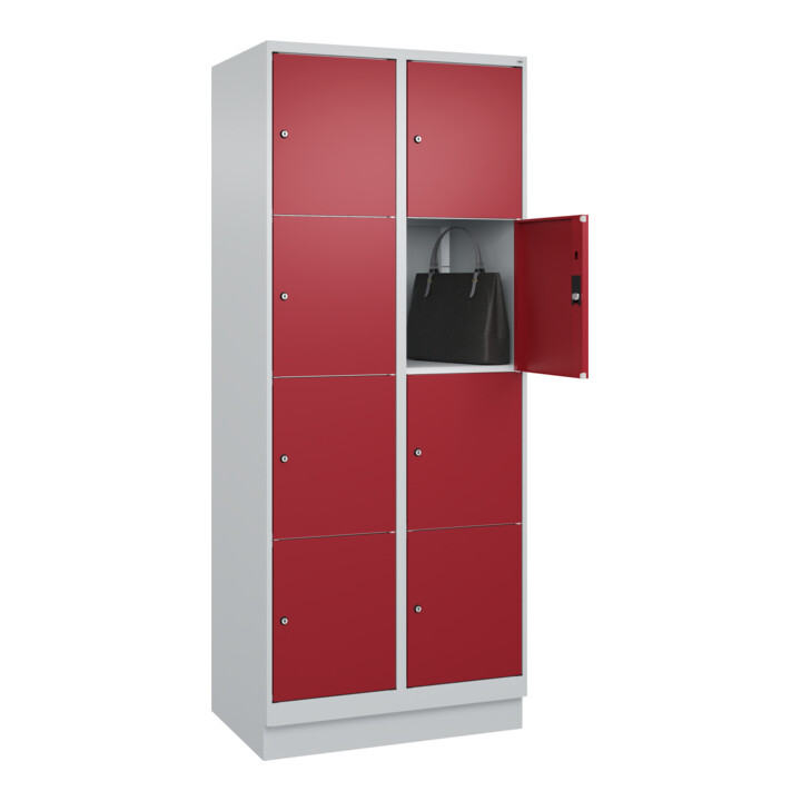 C+P Schließfachschrank Classic PLUS, Sockel, 2 Abteile, 1950x800x500mm, 7035/300 Innenhöhe Gefach oben (oberes 453 mm Front RAL 3003 Rubinrot