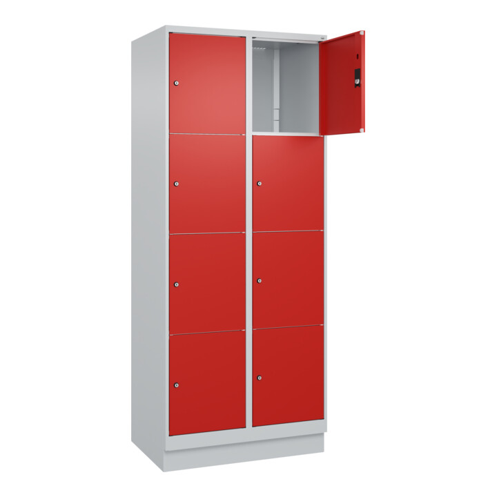 C+P Schließfachschrank Classic PLUS, Sockel, 2 Abteile, 1950x800x500mm, 7035/302 Innenhöhe Gefach oben (oberes 453 mm Front RAL 3020 Verkehrsrot