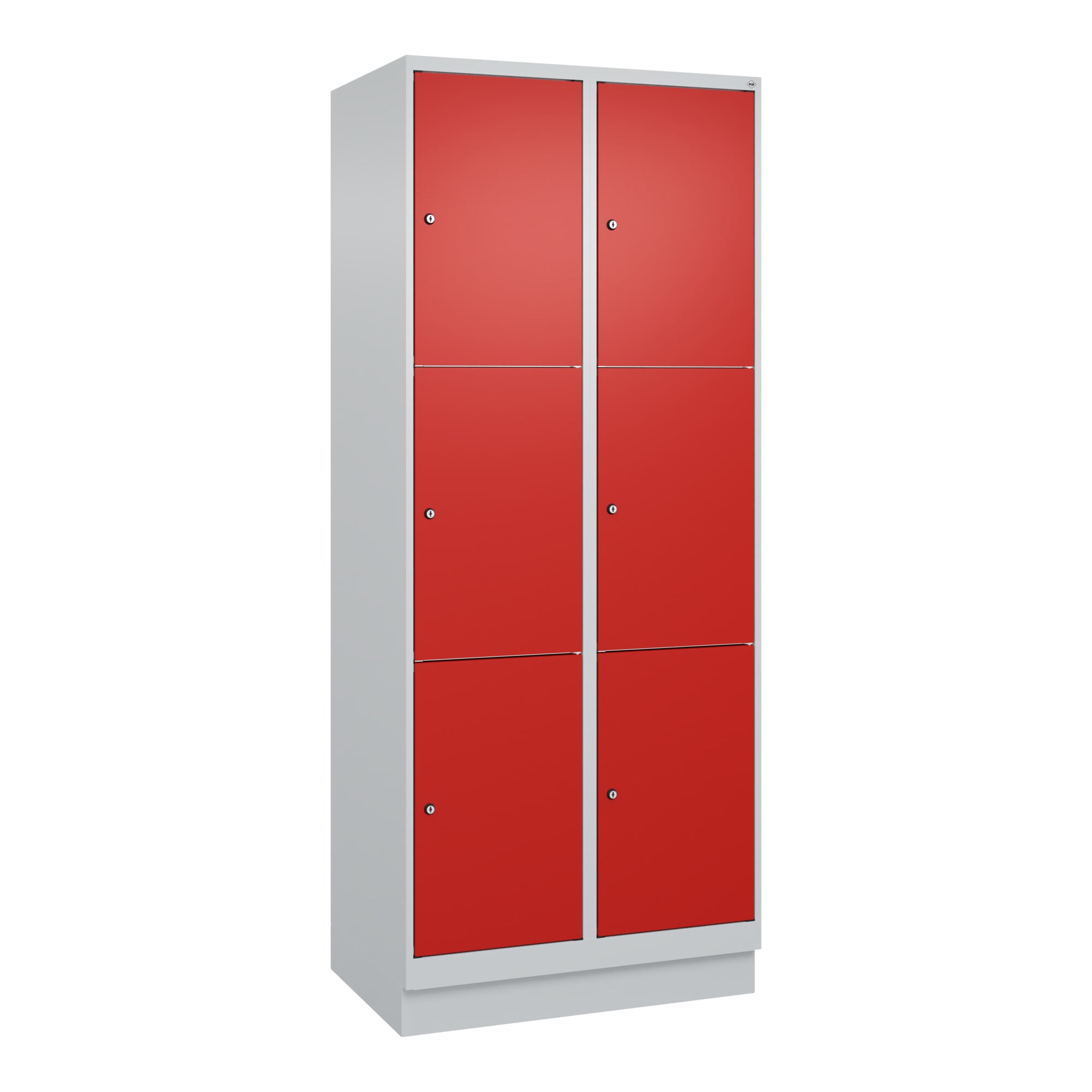 C+P Schließfachschrank Classic PLUS, Sockel, 2 Abteile, 1950x800x500mm, 7035/302 Innenhöhe Gefach oben (oberes 599 mm Front RAL 3020 Verkehrsrot ; C +