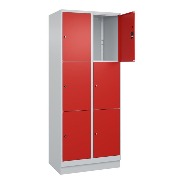 C+P Schließfachschrank Classic PLUS, Sockel, 2 Abteile, 1950x800x500mm, 7035/302 Innenhöhe Gefach oben (oberes 599 mm Front RAL 3020 Verkehrsrot