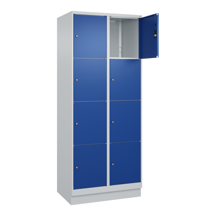 C+P Schließfachschrank Classic PLUS, Sockel, 2 Abteile, 1950x800x500mm, 7035/501 Innenhöhe Gefach oben (oberes 453 mm Front RAL 5010 Enzianblau