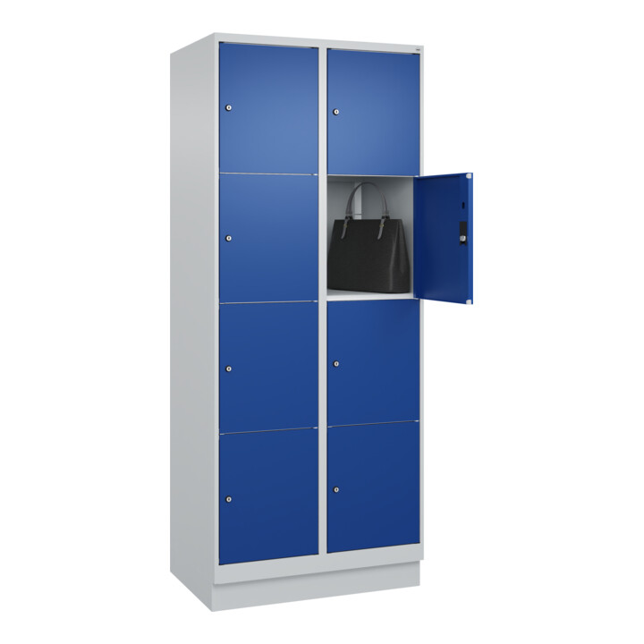 C+P Schließfachschrank Classic PLUS, Sockel, 2 Abteile, 1950x800x500mm, 7035/501 Innenhöhe Gefach oben (oberes 453 mm Front RAL 5010 Enzianblau
