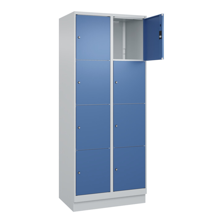 C+P Schließfachschrank Classic PLUS, Sockel, 2 Abteile, 1950x800x500mm, 7035/502 Innenhöhe Gefach oben (oberes 453 mm Front RAL 5023 Fernblau