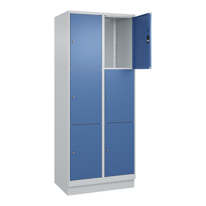 C+P Schließfachschrank Classic PLUS, Sockel, 2 Abteile, 1950x800x500mm, 7035/502 Innenhöhe Gefach oben (oberes 599 mm Front RAL 5023 Fernblau