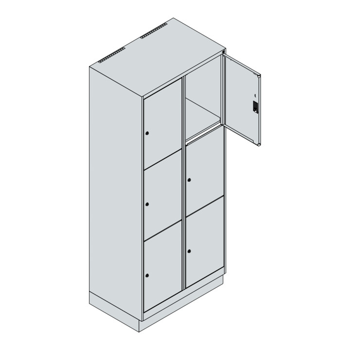 C+P Schließfachschrank Classic PLUS, Sockel, 2 Abteile, 1950x800x500mm, 7035/502 Innenhöhe Gefach oben (oberes 599 mm Front RAL 5023 Fernblau