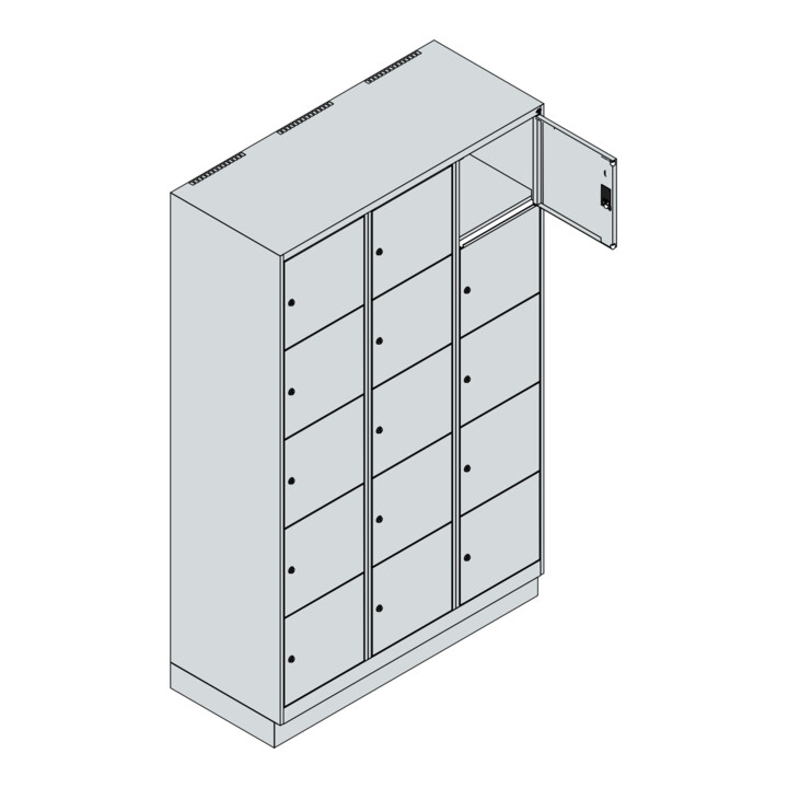C+P Schließfachschrank Classic PLUS, Sockel, 3 Abteile, 1950x1200x500mm, 7016/70 Innenhöhe Gefach oben (oberes 365 mm Front RAL 7035 Lichtgrau