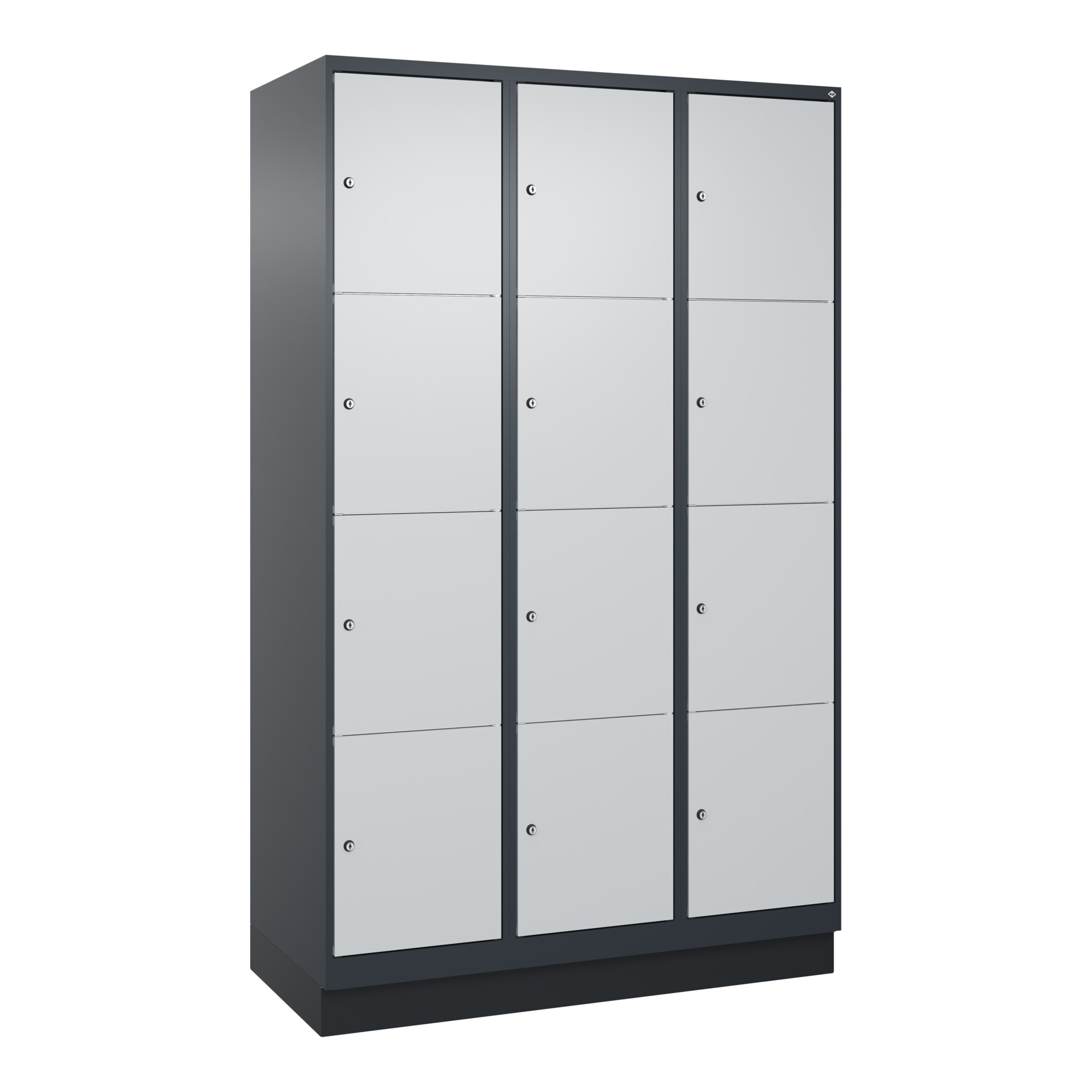C+P Schließfachschrank Classic PLUS, Sockel, 3 Abteile, 1950x1200x500mm, 7016/70 Innenhöhe Gefach oben (oberes 453 mm Front RAL 7035 Lichtgrau ; C + P