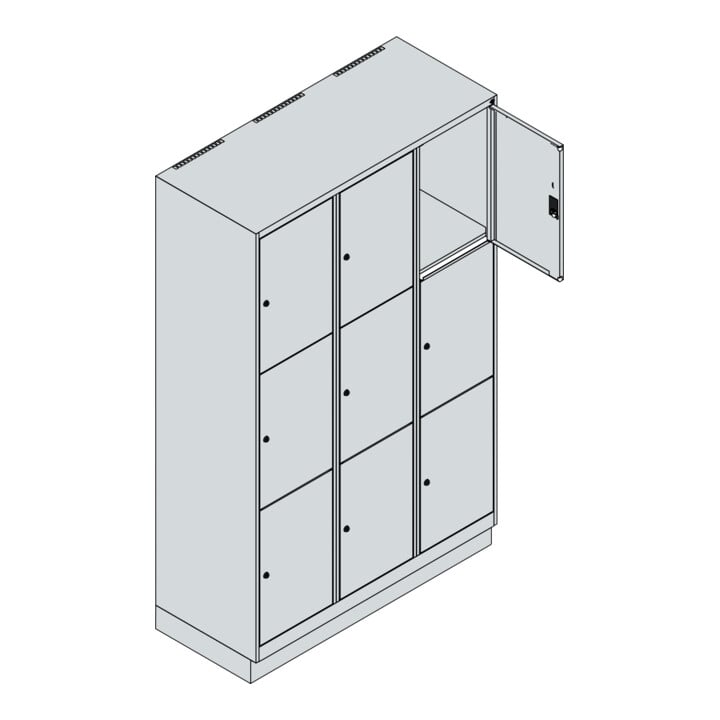 C+P Schließfachschrank Classic PLUS, Sockel, 3 Abteile, 1950x1200x500mm, 7016/70 Innenhöhe Gefach oben (oberes 599 mm Front RAL 7035 Lichtgrau